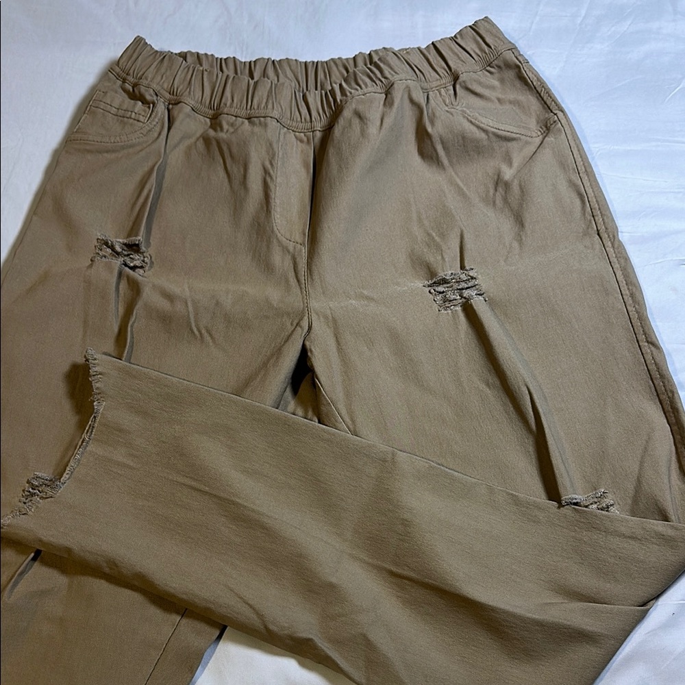 Tan Elastic Waistband Jogger Jeans Straight Leg